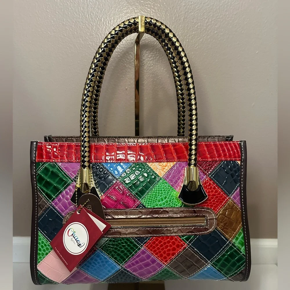 Chaos by Elsie NWT Set of Multicolor Croc Embossed Leather Satchel & Pouch
